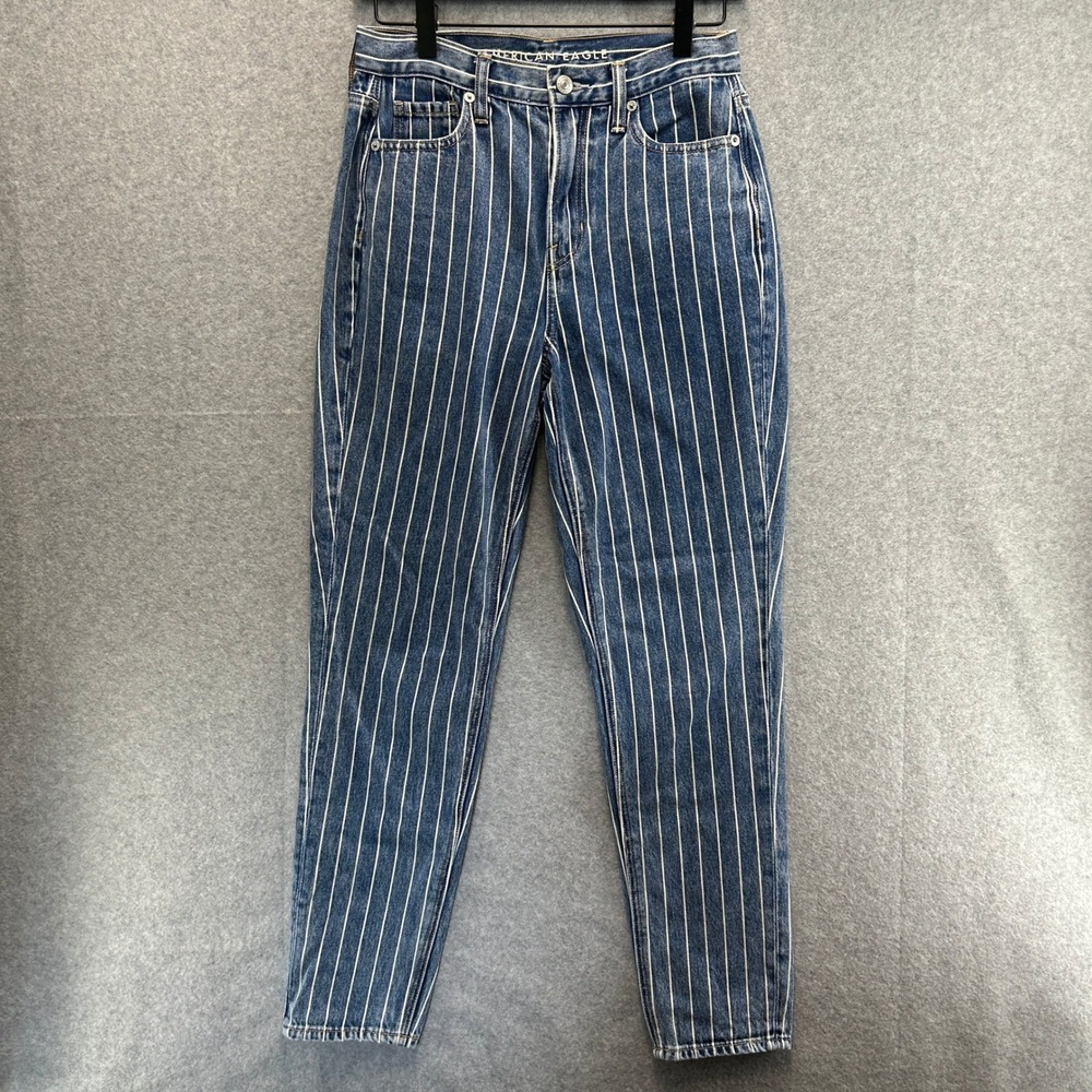American Eagle Size‎ 0 Regular Mom Jeans Blue White Pinstripe High Waisted Denim
